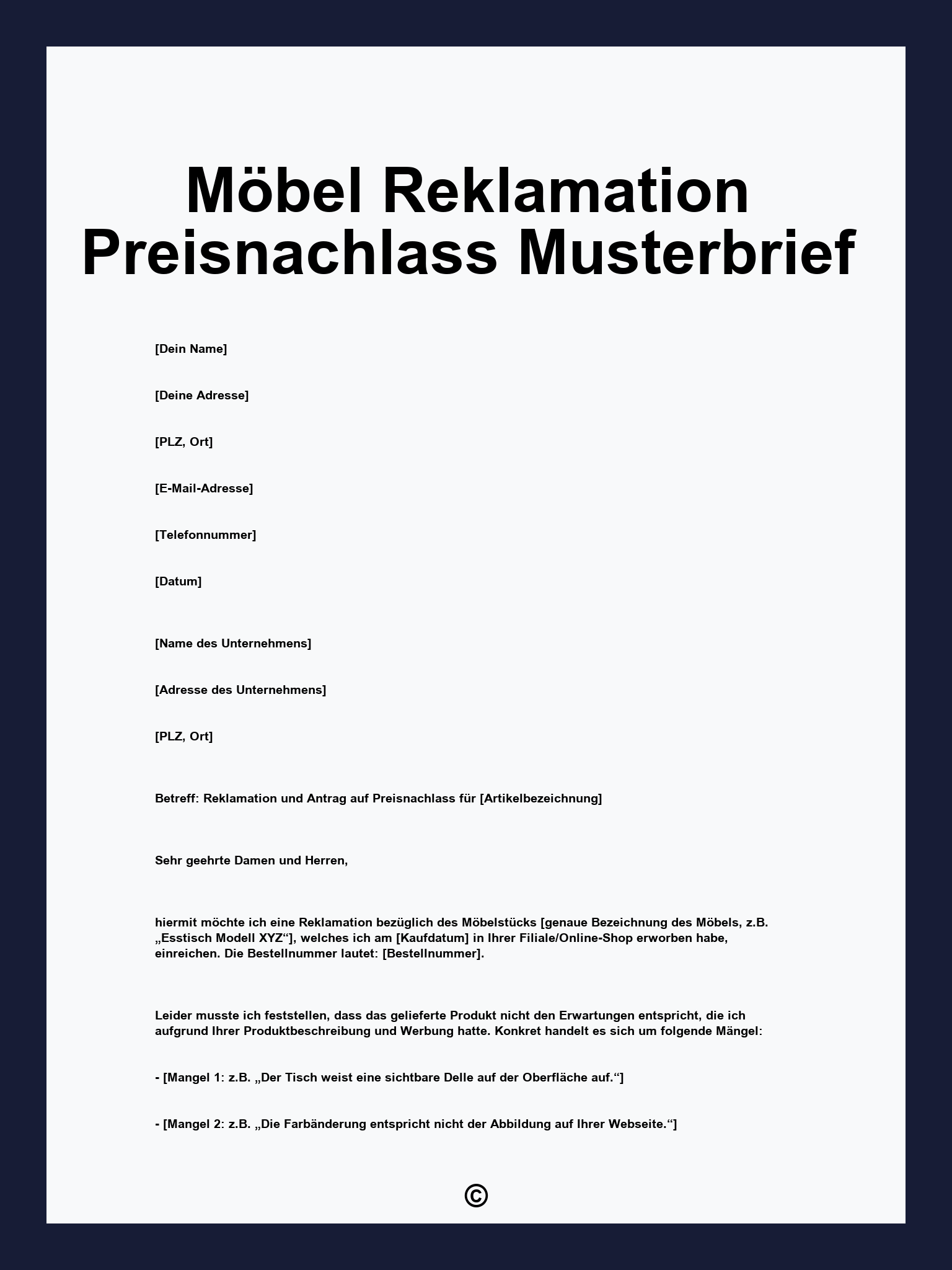 Möbel Reklamation Preisnachlass Musterbrief