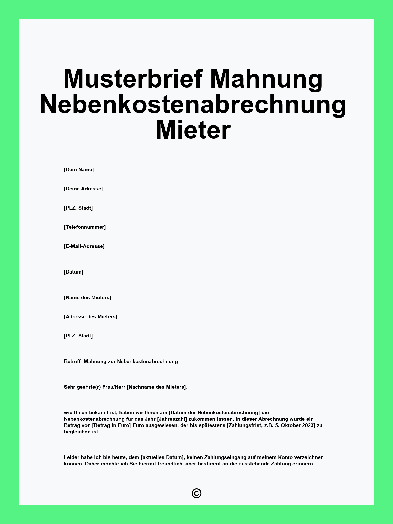 Musterbrief Mahnung Nebenkostenabrechnung Mieter