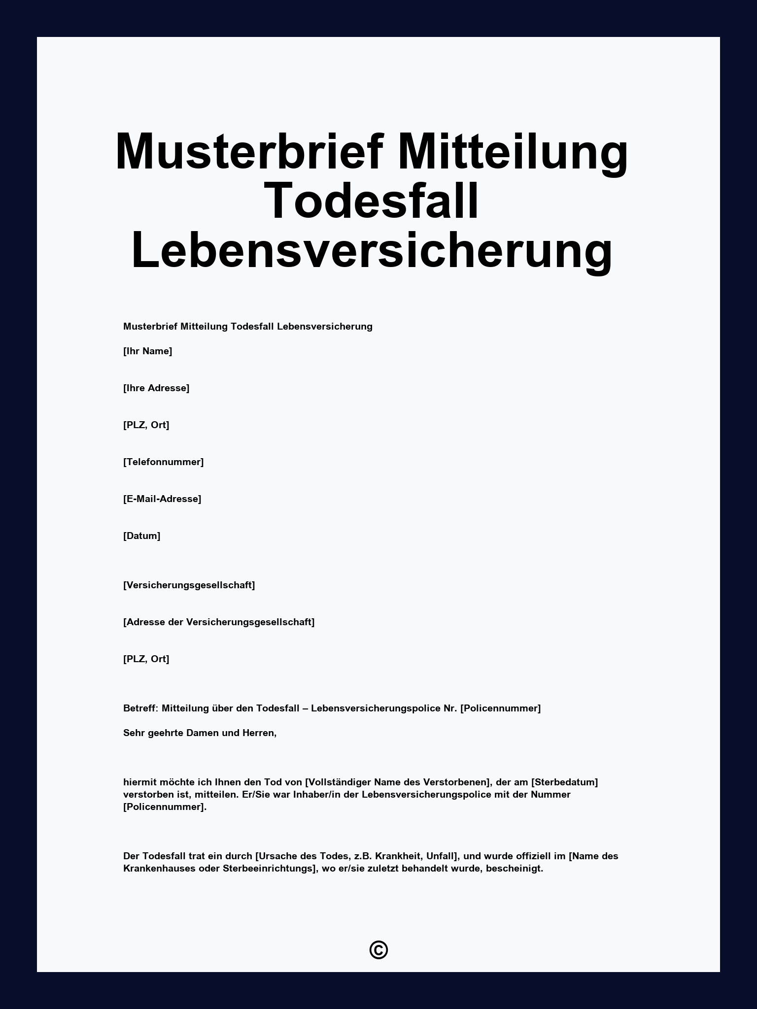 Musterbrief Mitteilung Todesfall Lebensversicherung